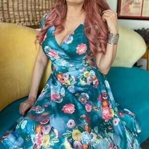 Pink Blue Floral Wrap Dress L Knee Length Comfy Easter spring dress
